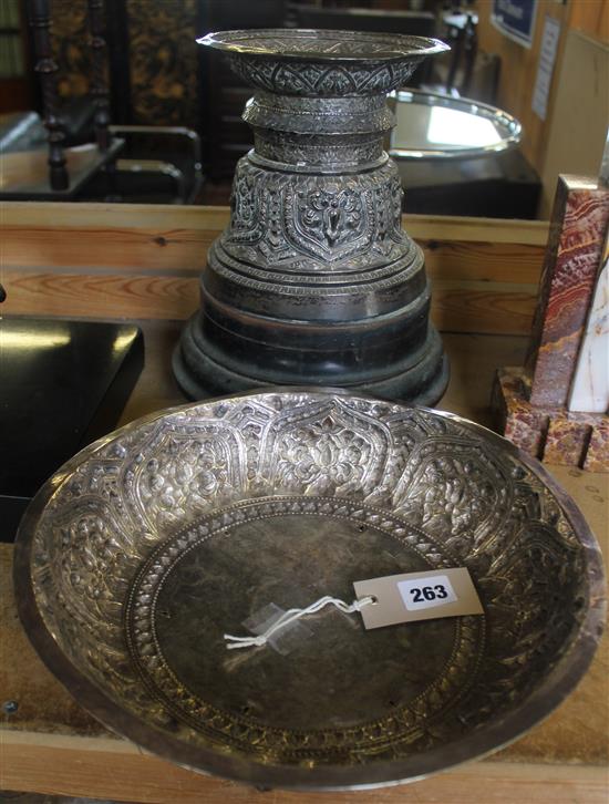 Indian embossed white metal bowl on stand, with fixed wooden socle